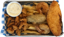 Kettlefish captains platter includes cod, clam strips, prawns and oysters with french fries and our signature house made tartar & cocktail sauces