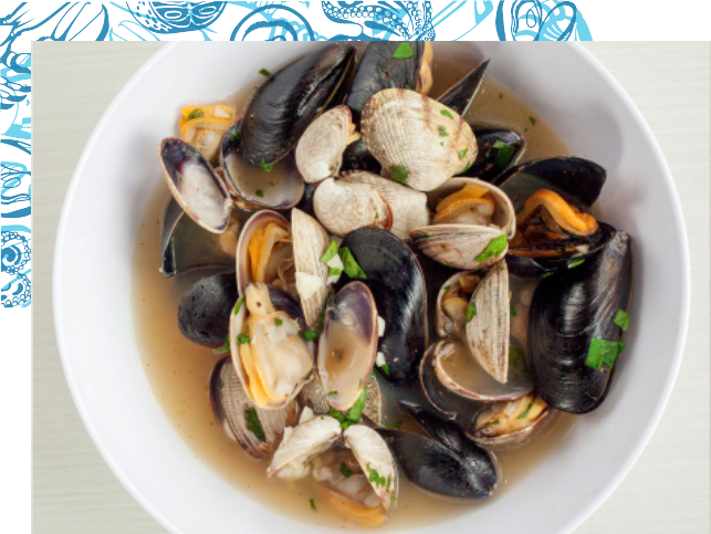 Clams and mussels simmered in a delicate stew of butter, lemon, garlic, white wine, clam broth and herbs